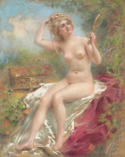 Nu sentado a olhar para um espelho de Konstantin Makovsky