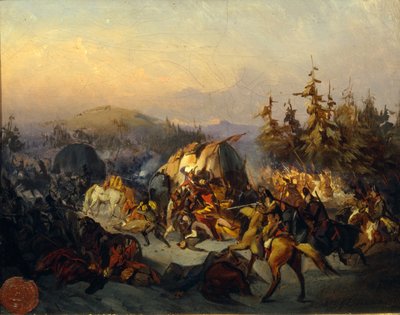 Cossacos russos atacam tropas francesas em trânsito de Konstantin Nikolayevich Filippov