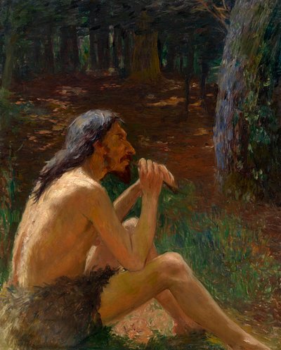 Caveman tocando flauta - Pintura de Konstantin Pavlovich Kuznetsov (1863-1936), óleo sobre tela (95x77 cm), arte russa do século 19-20 - Colecção privada de Konstantin Pavlovich Kuznetsov