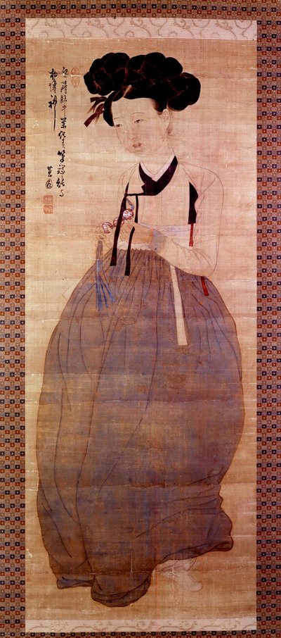 Art Coreen: Retrato de gueixa (Corean girl in geisha figurino). Impressão de 1758. Coleção particular. de Korean School