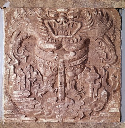 Arte coreana: tijolo terracota cinzento representando um monstro. Reino de Paekche (ou Paikchei ou Baekje), Coreia. Século VII. Museu Nacional da Coréia. de Korean School
