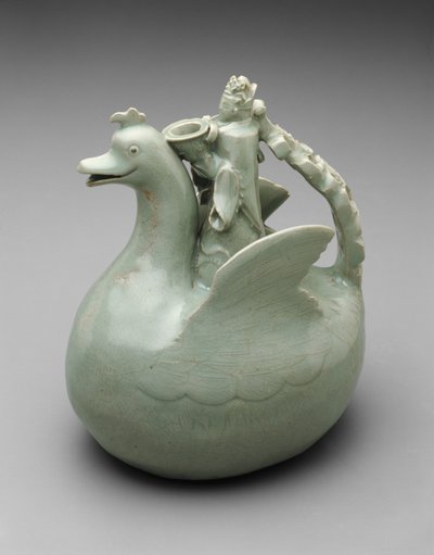Ewer em forma de pássaro com cavaleiro coroado segurando uma tigela de Korean School