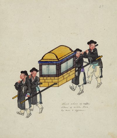 Quatro carregadores carregando um oficial em uma "gama" ou palanquim, c.1890 de Korean School