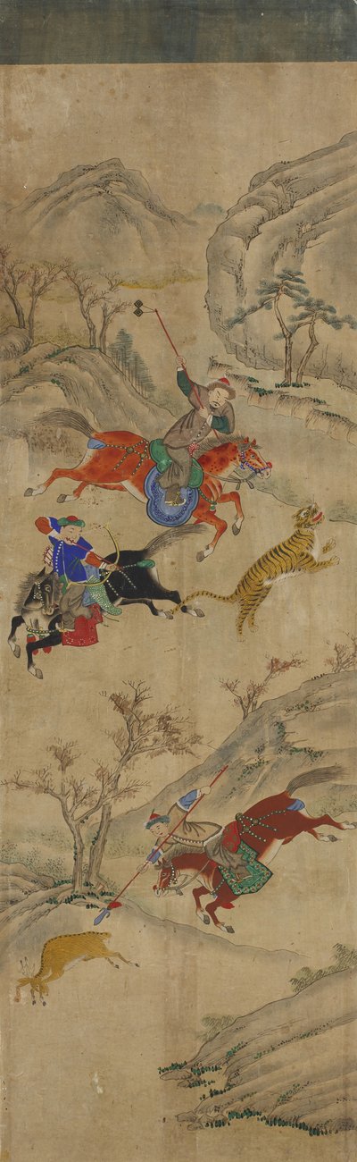 Cena de Caça (3 cavaleiros caçando veados e tigres) (wc no papel) de Korean School