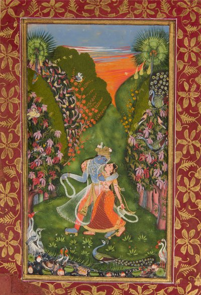 Radha e Krishna Walk in a Flowering Grove recto, Krishna Fluting verso, c1720 r, c1750-75 v de Kota Master