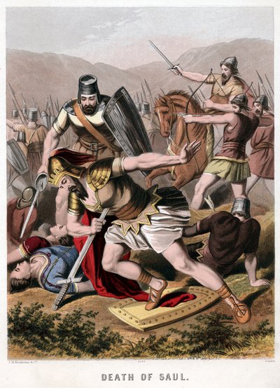 Morte de Saul e seu escudeiro em batalha com os filisteus, 1870 de Kronheim and Co