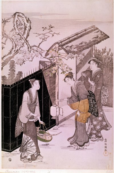 Regresso da noite poética da primavera japonesa, gravura de Shunman Kubo (1757-1820). Paris, Museu Guimet, Museu Nacional de Artes Asiáticas de Kubo Shumman