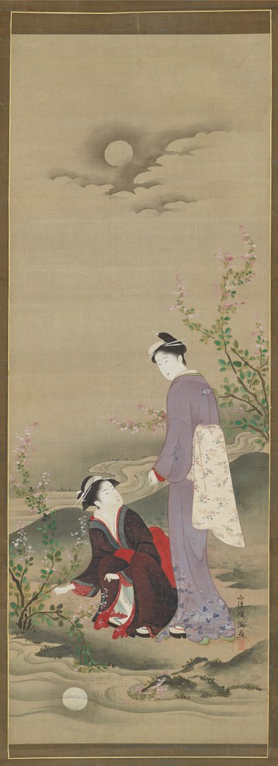 Outono: Duas mulheres a olhar para o reflexo da lua, no início do século XIX. de Kubo Shunman