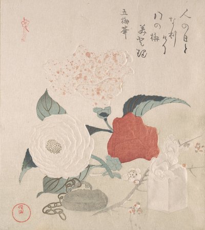 Flores de camélia, um Netsuke e uma foca, século XIX. de Kubo Shunman