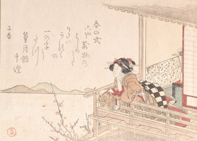 Cortesã encostada no corrimão de uma varanda, provavelmente 1816. de Kubo Shunman