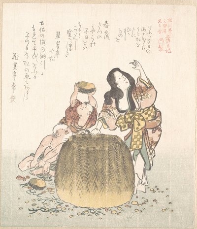 Pescadora com um cesto e dois rapazes de Kubo Shunman