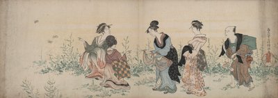 Quatro meninas e um servo desfrutando de flores silvestres e borboletas de Kubo Shunman