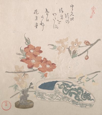 Flores de Pêssego, um Selo e uma Caixa de Selos, século XIX. de Kubo Shunman