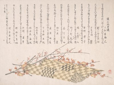 Ramos de Ameixa com Flores e um Esteira Rolada, século XIX. de Kubo Shunman