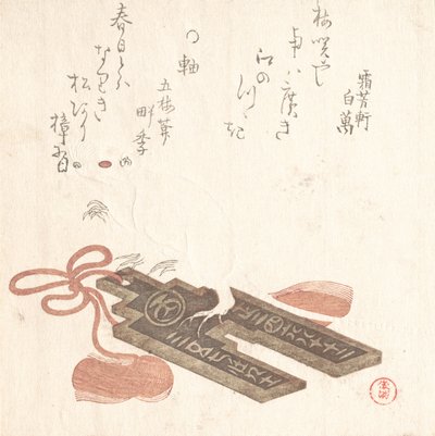 Rato em um Fuchin, ornamento com um desenho de calendário pictórico Egoyomi, 1816. de Kubo Shunman