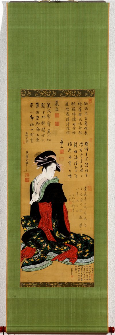 Gueixa sentada a abrir uma carta de amor de Kubo Shunman