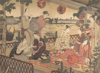 Dois Jovens Homens e Várias Mulheres Jantando em uma Casa de Chá na margem do Rio Sumida, ca. 1788. de Kubo Shunman