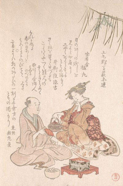 Mulher entretendo seu convidado com vinho de ano novo, final do século 18 e início do século 19. de Kubo Shunman