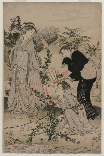 Mulheres cortando galhos de trevo; O rio Noji Tama na província de Omi, de uma série sem título dos Seis Rios Tama de Kubo Shunman
