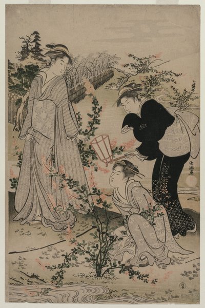 Mulheres cortando galhos de Bush Clover, o rio Noji Tama na província de Omi ..., no final da década de 1780. de Kubo Shunman