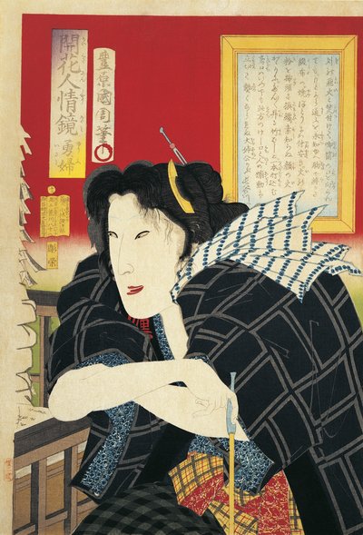 Grande plano de uma mulher segurando um cano de Toyohara Kunichika