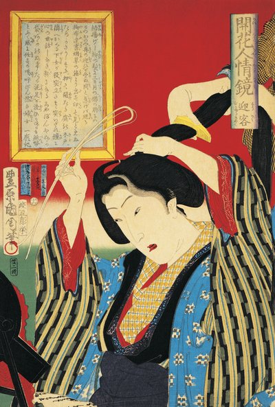 Grande plano de uma mulher ao espelho de Toyohara Kunichika