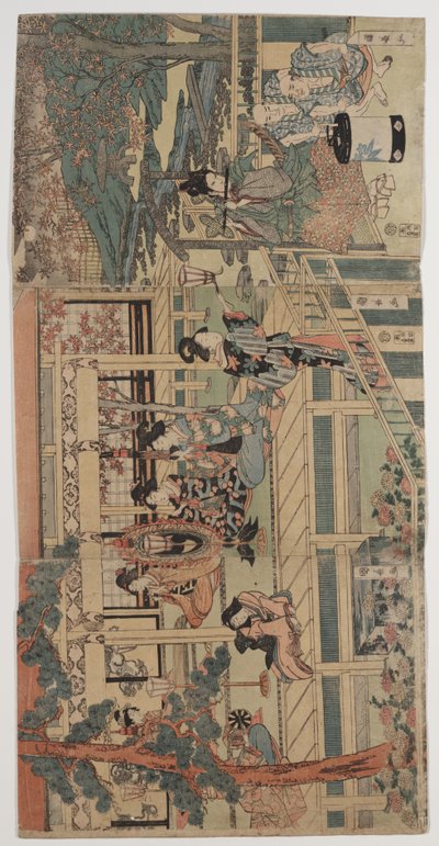 Passante curtindo um concerto noturno (xilogravura colorida) de Kuninaga Utagawa