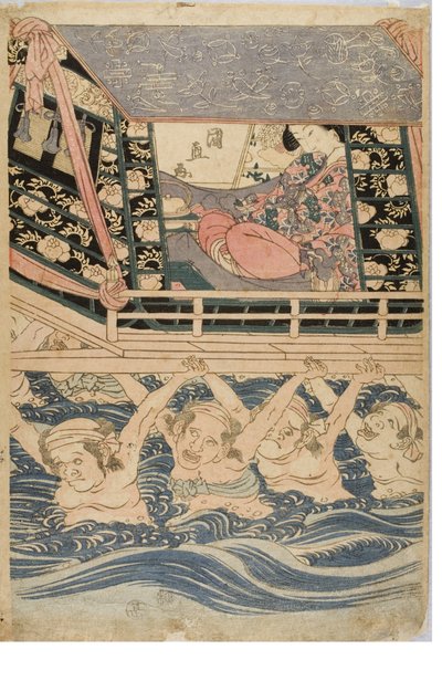 Cena primaveril de jovens em viagem, c.1786-1864 (xilogravura sobre papel) de Kuninaga Utagawa