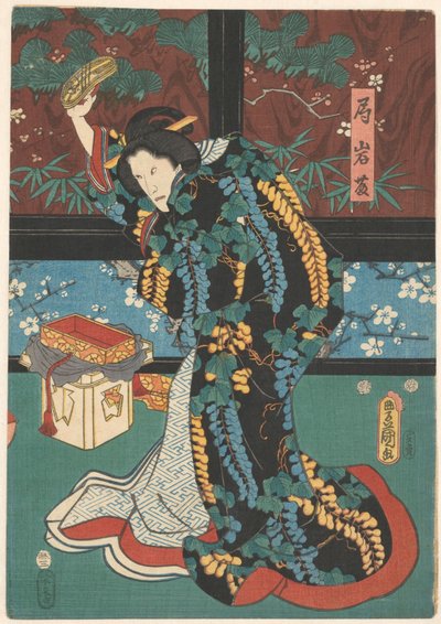 Cena da peça A Montanha do Espelho
Hofdame Iwafuji conheceu sandaal em mão haar de Kunisada (I) , Utagawa
