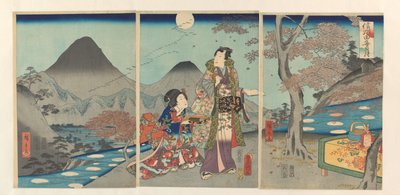A lua refletida nos campos de arroz de Shinano Shinshû tagoto no tsuki (título no objeto) de Kunisada (II) , Utagawa