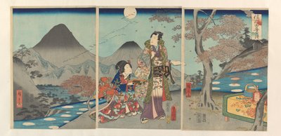 A lua refletida nos campos de arroz de Shinano Shinshû tagoto no tsuki (título no objeto) de Kunisada (II) , Utagawa