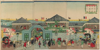 Imagem da prosperidade dos estabelecimentos mercantis ao longo de Nakadouri no Yokohama, era de Meiji, 1870 (impressão do woodblock da cor) de Kuniteru II Utagawa