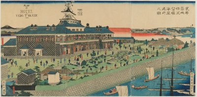 O Seaside Garden do Hotel Tsukiji na Capital Oriental, era Meiji, 1868 (impressão em xilogravura a cores) de Kuniteru II Utagawa
