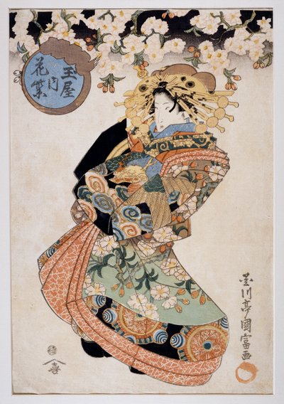 Courtesan Hanamurasaki de Tamaya teahouse, Ca 1830, estampa de arte Ukiyo-e de Utagawa Kunitomi (activa 1810-1830), talha Oban-tate-e, 38,2x26,5 cm, civilização japonesa de Kunitomi Utagawa