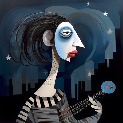 Mulher trovadora 3D com a sua guitarra na noite de luar 3 de Kurt Heppke