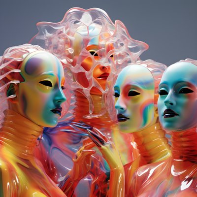 6 mulheres com máscaras de plástico fluorescente paramétricas 3d numa arquitetura futura surreal e paramétrica, 2 de Kurt Heppke