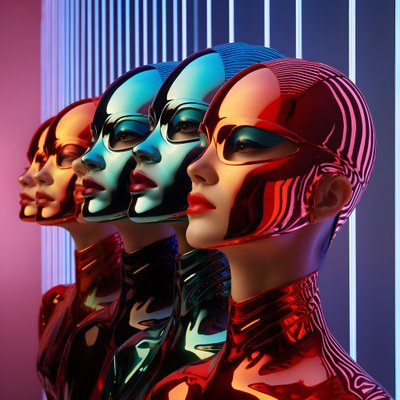 6 mulheres com máscaras de plástico fluorescente paramétricas 3d numa arquitetura futura surreal e paramétrica, 3 de Kurt Heppke
