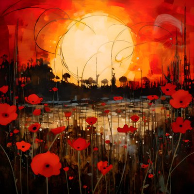 Arte abstrata de paisagem com um campo de flores silvestres e um sol vermelho arrojado. 1 de Kurt Heppke
