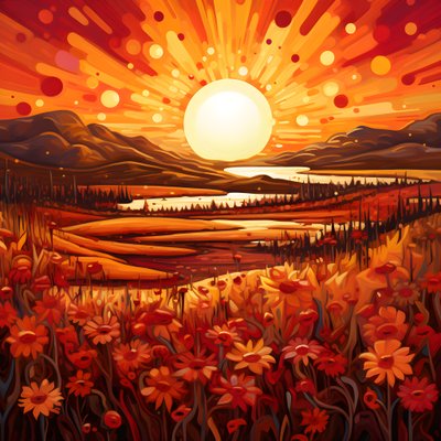Arte abstrata de paisagem com um campo de flores silvestres e um sol vermelho arrojado. 2 de Kurt Heppke