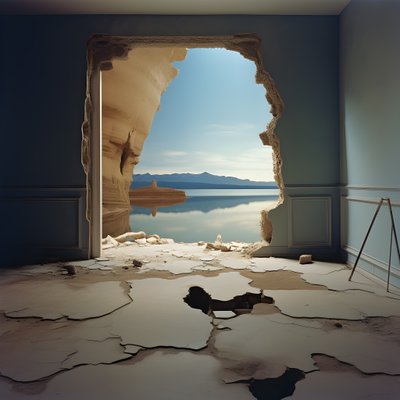 Uma imagem de uma sala não utilizada com um enorme lago e um deserto num enorme buraco, com um futuro de alto contraste e tons quentes de claro-escuro 2 de Kurt Heppke