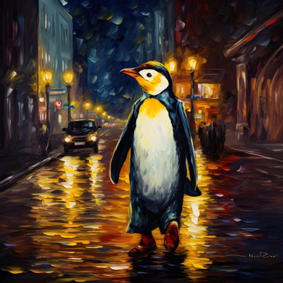 Um pinguim de fato caminha pela rua 1 de Kurt Heppke