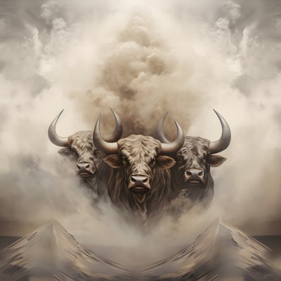 Uma pintura em tela abstrata fractal, textura bege-branca-fumo. 3 touros negros emergindo do fumo com o Monte Ararat no horizonte. Poses que fazem lembrar os touros de Wall Street em Nova Iorque. 1 de Kurt Heppke