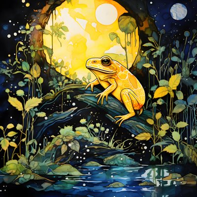 Uma rã amarela na floresta, lua, rio 3 de Kurt Heppke