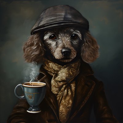 Um caniche sofisticado bebe uma chávena de chá, veste uma camisola de gola alta e um boné, fundo fumado 1 de Kurt Heppke