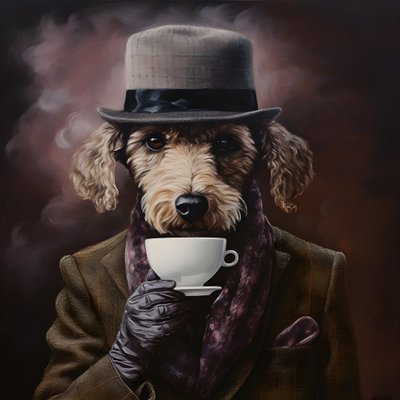 Um caniche sofisticado bebe uma chávena de chá, veste uma camisola de gola alta e um boné, fundo fumado 3 de Kurt Heppke