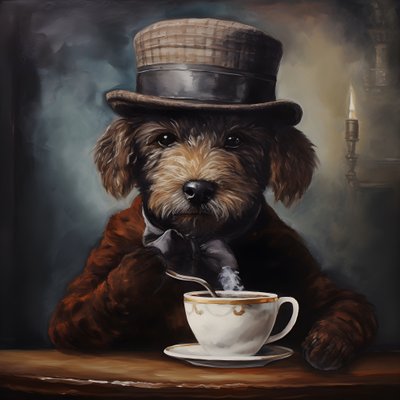 Um caniche sofisticado bebe uma chávena de chá, veste uma camisola de gola alta e um boné, fundo fumado 4 de Kurt Heppke
