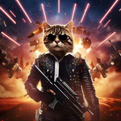 Cartaz de filme de um gato com uma camisa de bolinhas pretas e brancas e óculos de sol brilhantes, com explosões e canhões em fundo 2 de Kurt Heppke
