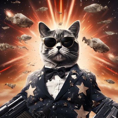 Cartaz de filme de um gato com uma camisa de bolinhas pretas e brancas e óculos de sol brilhantes, com explosões e canhões em fundo 4 de Kurt Heppke