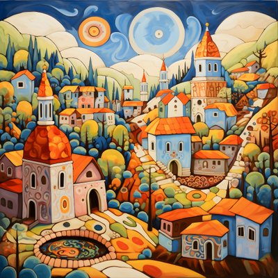 Pintura de uma aldeia búlgara, igreja ortodoxa 4 de Kurt Heppke