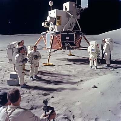Grupo de pessoas com uma câmara de televisão para mostrar o projeto Apollo 11 2 de Kurt Heppke